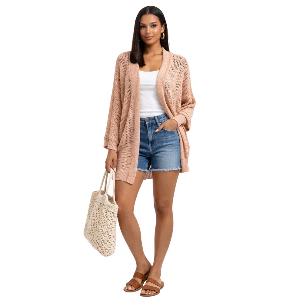 Forever 21 Women Pink Open Knit Longline Cardigan Sweater Size Large Rose Mauve